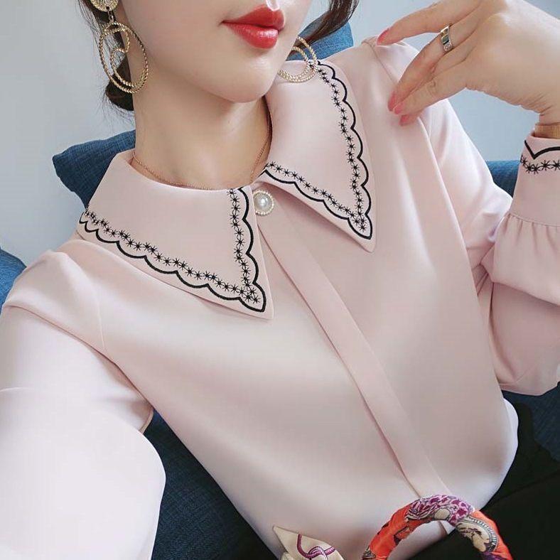 Women's Chiffon Shirt Long Sleeved Spring and Autumn Outfit Embroidered Collar Versatile Top