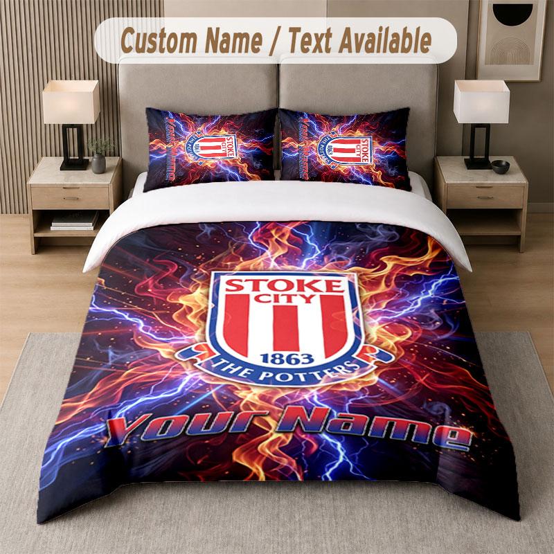Custom Bedding Set Stoke City FC Pattern, Print Name Text 1 Duvet Cover Plus 2 Pillowcases Home Textile