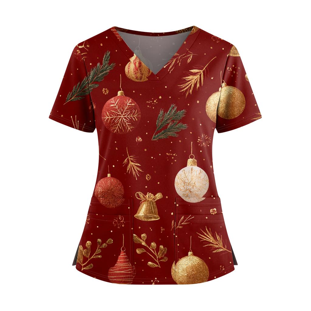 Dámský vánoční potištěný top s výstřihem do V, dvěma kapsami, krátkým rukávem, rozparkem na lemu, uniforma pro pečovatelky