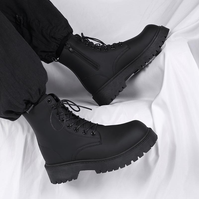 Men's Boots High Top Leather Boots British Style Black Ankle Boots Platform Lace Up Motorcycle Boot Couple Outdoor Casual Shoes