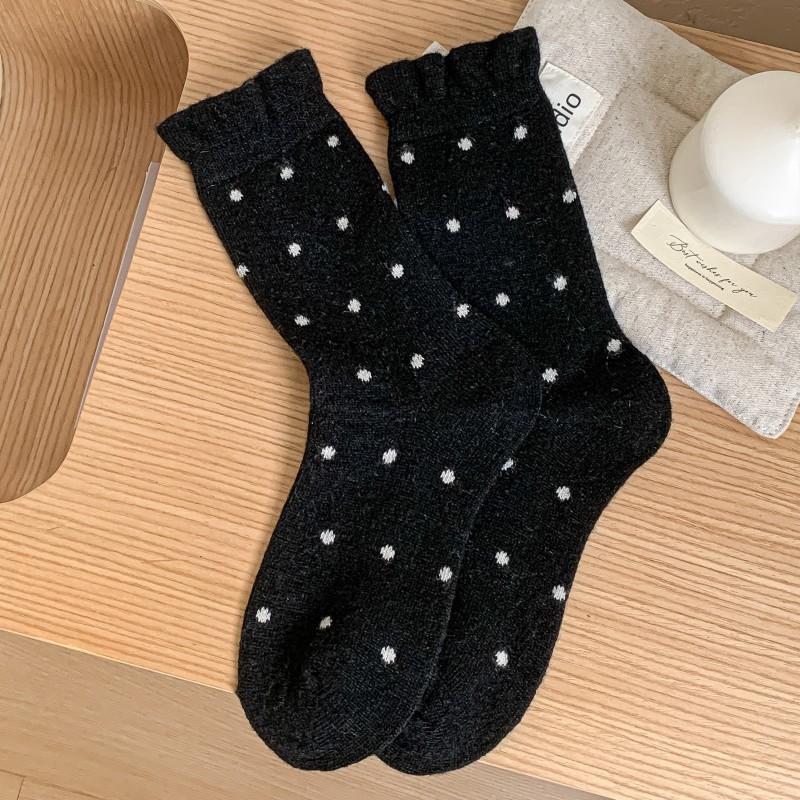 Small Polka Dot Sheep Wool Socks Thickened Warm Socks Mid-Tube Socks Korean Lace Polka Dot Boneless Socks one size