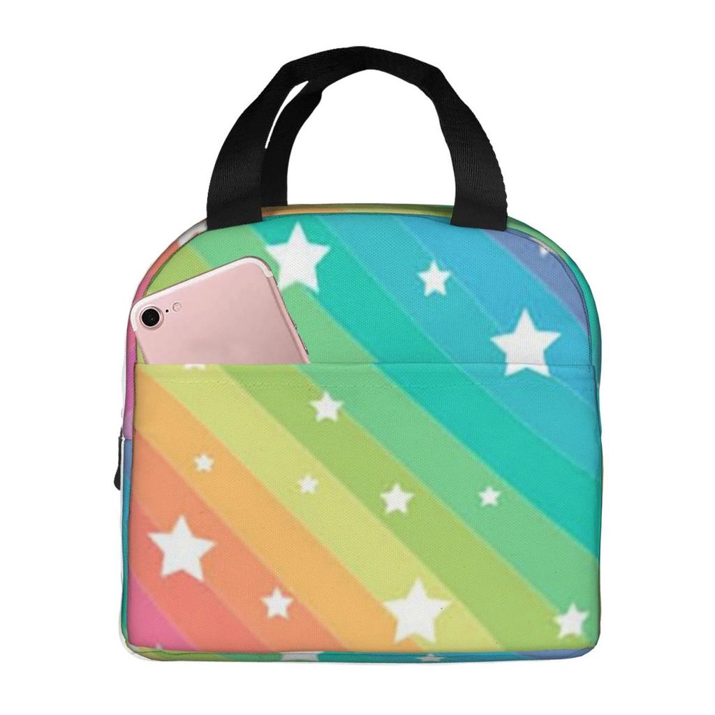 Rainbow Stripe Background And Stars Insulated Lunch Bag for Women Children Portable Food Boxes Thermal Lunch Box Tote