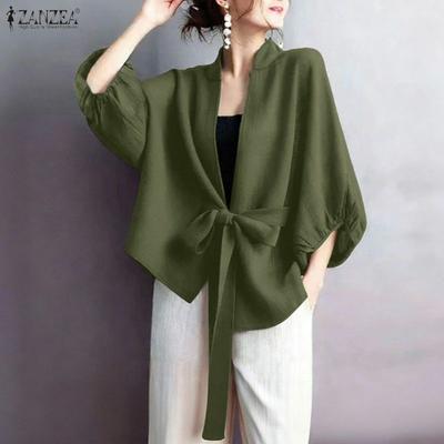 Women Casual V-Neck Solid Color Loose 3/4 Sleeve Cardigan Cover Up Blouse