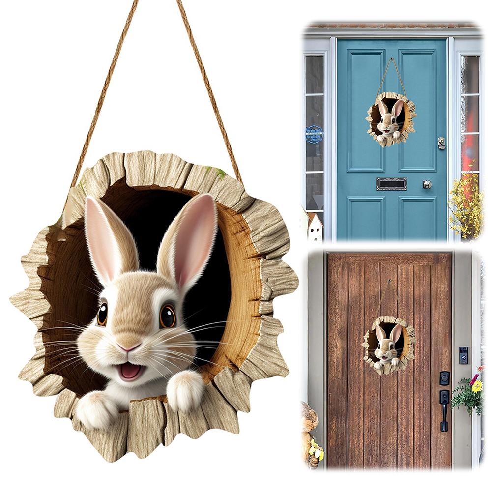 Cute Bunny Hole Wall Stickers Easter Rabbit Door Sign Wooden Rustic Hanging Pendant Welcome Sign Happy Easter Home Decoration