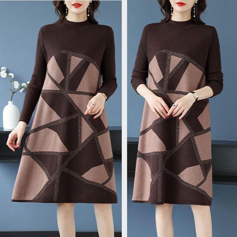 Autumn Winter Women's Plus Size Sweater Dress Loose Pullover Color-Block Knit Midi Dress Thick A-line Sweater Dress