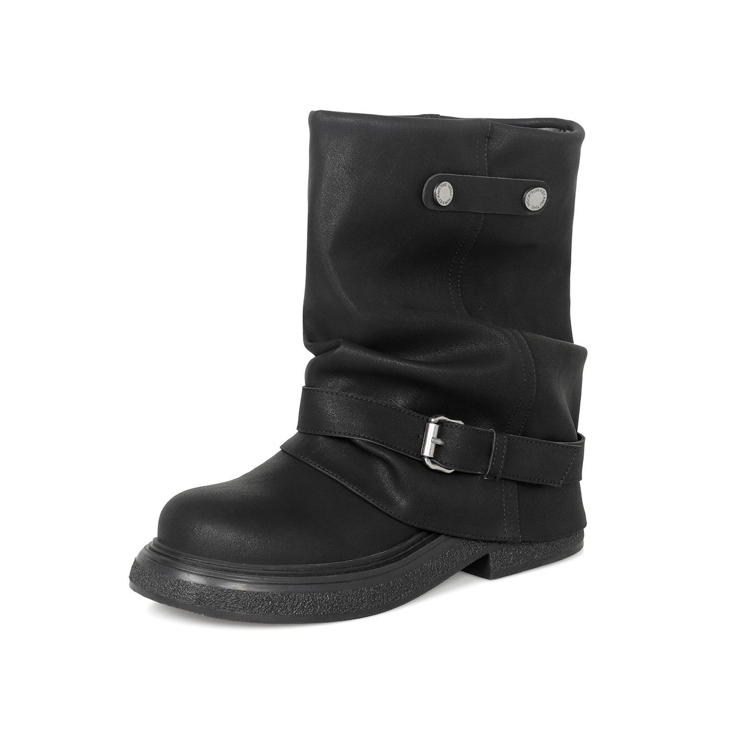 

Wasteland Western Cowboy Boots Women s Maillard Pleated Pants Tube Black Round Head Vintage Leather Coarse Heel Boots 40