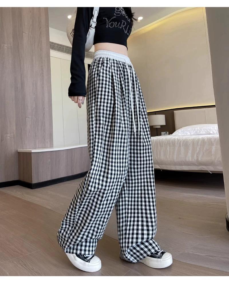 Song Zhengen Women’s High Waist Light Blue Plaid Wide-Leg Summer Pants