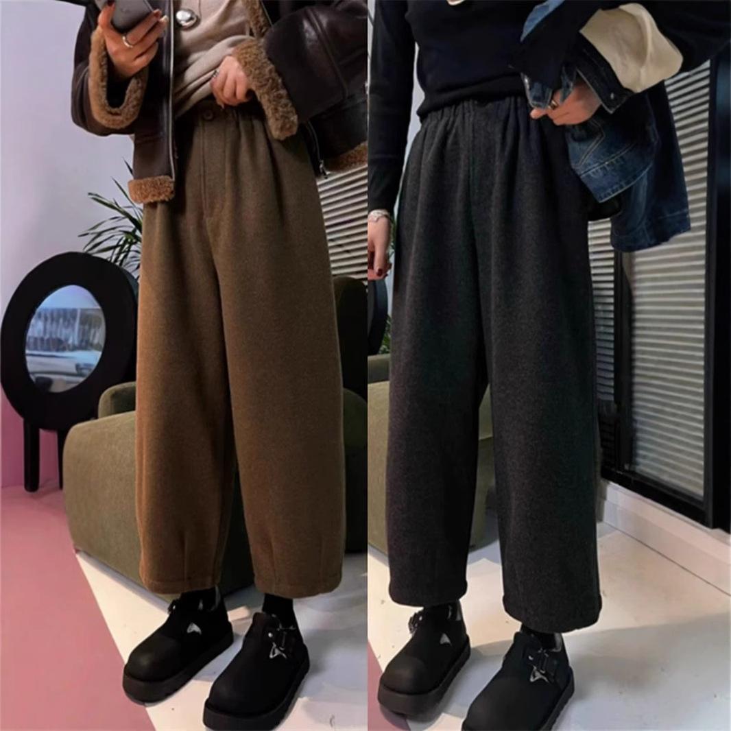 

2024 Autumn/Winter Plus Size Wide-Leg Woolen Grandma Pants for Women Large сірий колір