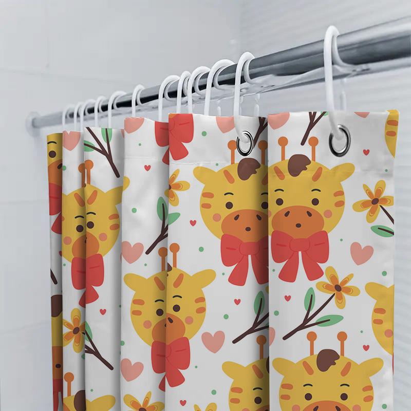 Cute Animal Printed Shower Curtain Waterproof Fabric Decor Home Bathroom Accessories Giraffe Design In Red Yellow With Flowers F