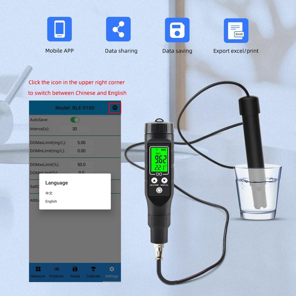 Portable Smart Bluetooth Dissolved Oxygen Meter Digital Dissolved Oxygen Analyzer 0.0-40.0mg/L Dissolved Oxygen Detector