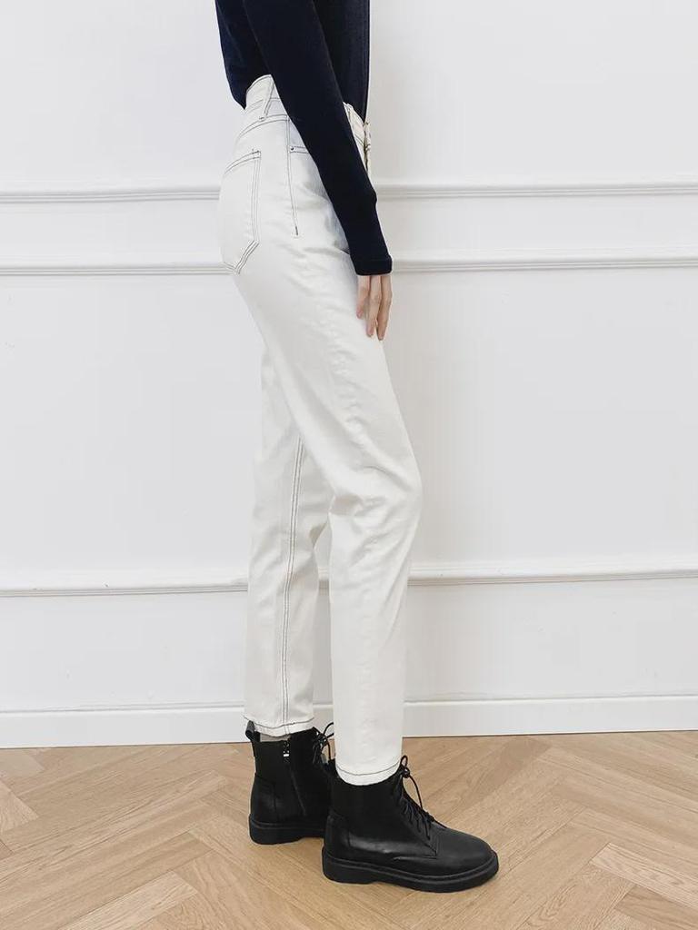 Yellow Floral High-Waist Slim Light Apricot Denim Nine-Point Jeans for Women - 2025 European & American Spring Style.