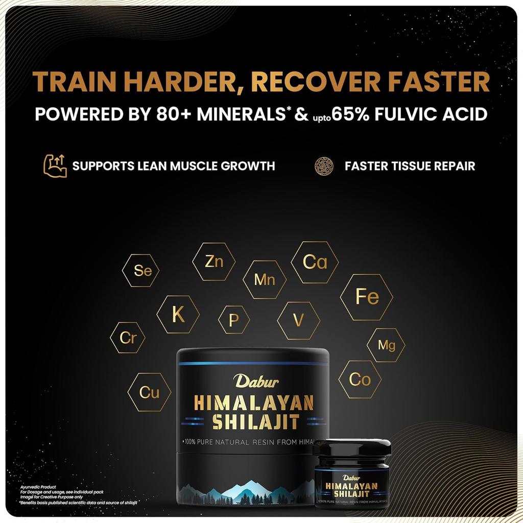 Dabur Himalájská pryskyřice Shilajit 10 g | Dávka 250 mg | Podpořte růst svalů, vytrvalost a energii přirozeně