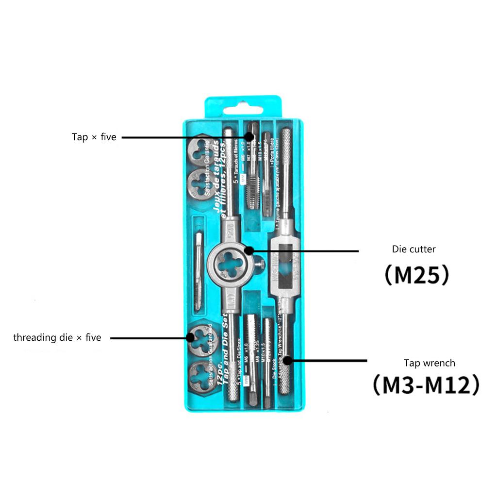 12/20PCS Tap and Die Set Metric Wrench Cut M3-M12 Hand Threading Tool Tungsten Carbide Tap Die Screw Thread Tool Bit Set