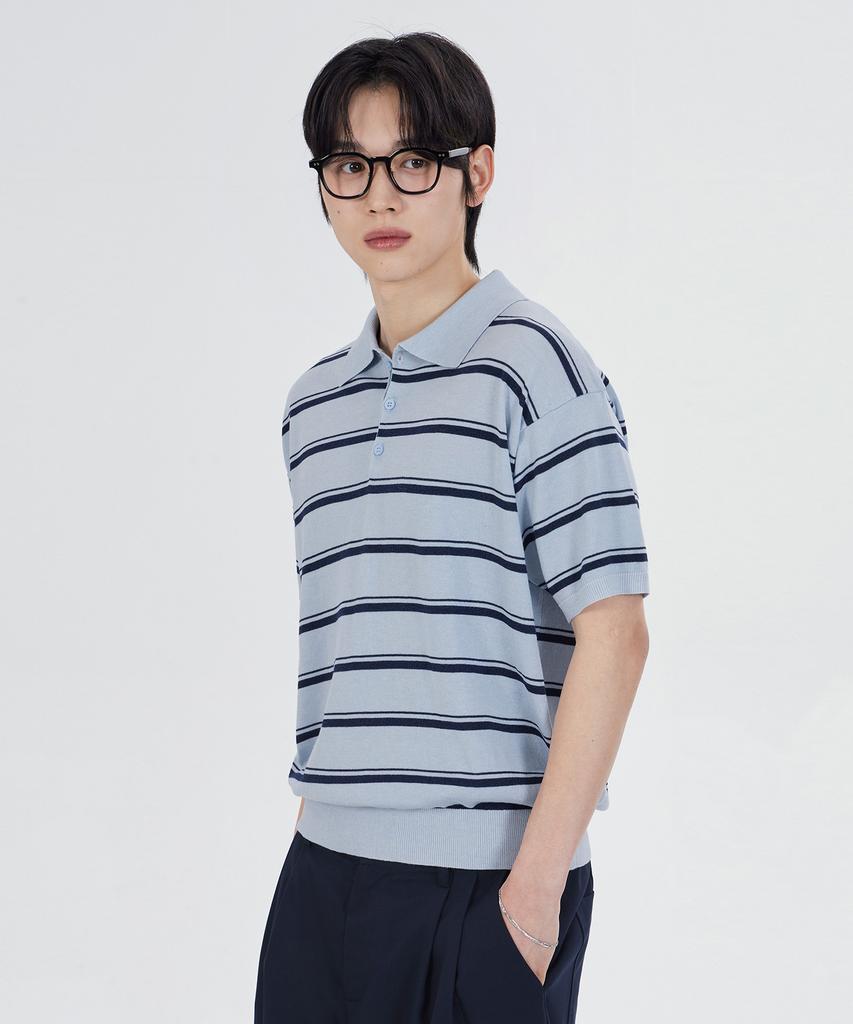 GLW [Unisex] Striped Collar Half Knit Blue
