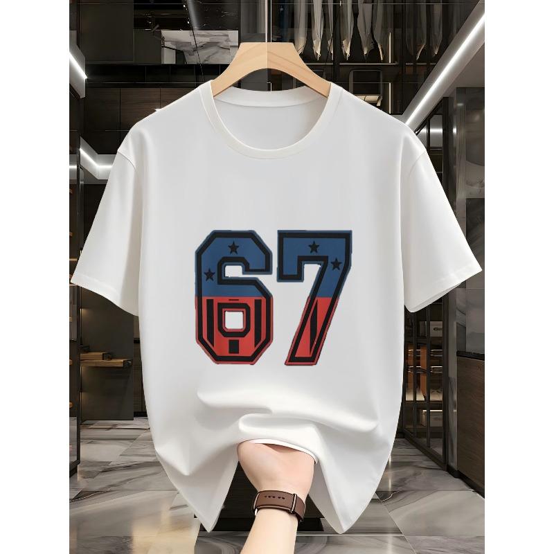 Men s T-Shirt 67 Digital Print Fashion Personality Short Sleeve Top Trendy Loose Casual Round Neck S белый