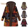 Women Winter Coat Retro Floral Print Zip Up Hooded Jacket Mid Length Plush Thick Warm Pockets Long Sleeves Daily Leisure Wear