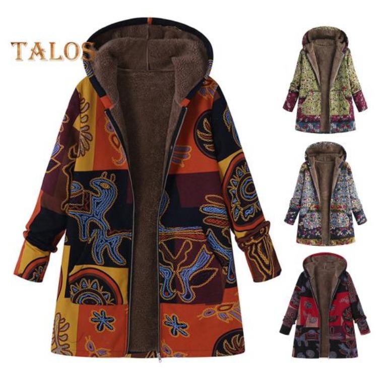 Women Winter Coat Retro Floral Print Zip Up Hooded Jacket Mid Length Plush Thick Warm Pockets Long Sleeves Daily Leisure Wear