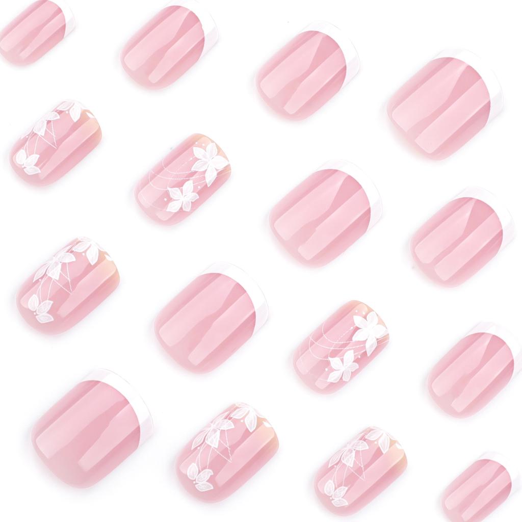 24pcs Spring Flower Wearing Armor Simple French White Nail Art Short Medium Rectangular Fake Nail Removable Nail Plate