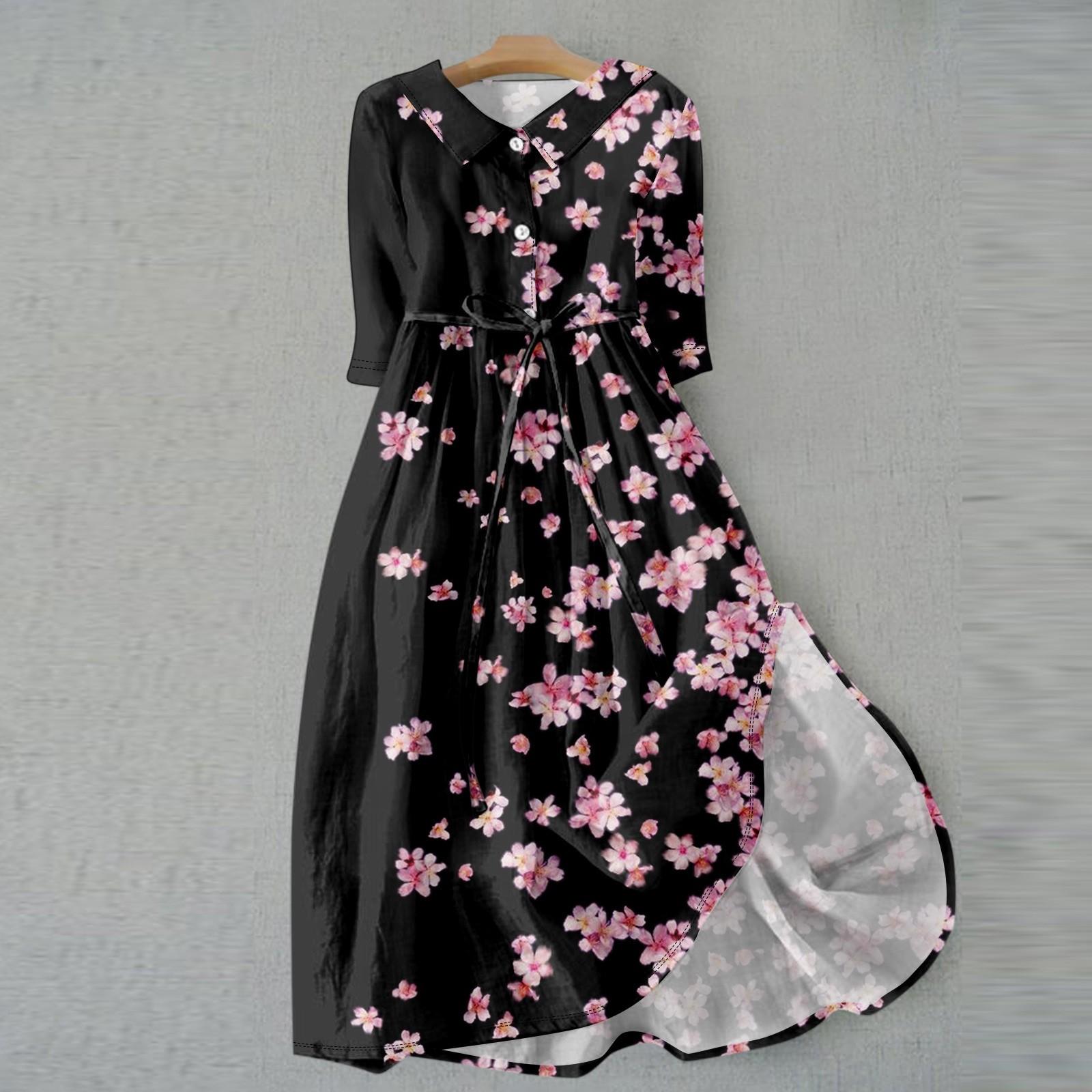 

Women s Fashion Casual Printed Lapel Collar Button 3/4 Sleeve Clothing Straps Dress XXXL рожевий