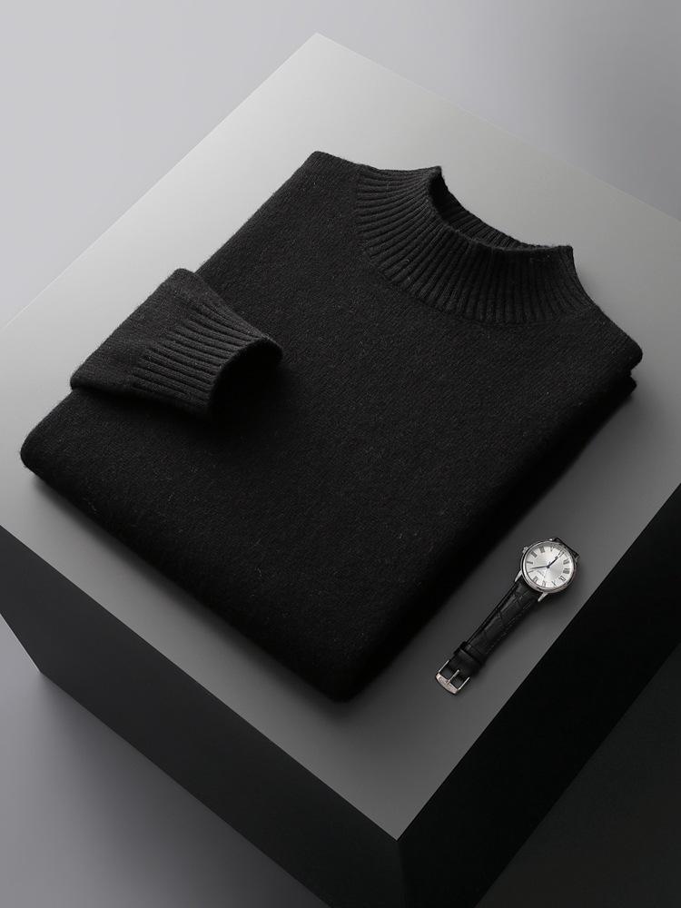 100% Pure Wool Men's Thick Half-High Collar Sweater, Business Fashion Knit Plus Size Sweater.