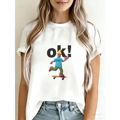 Bawełniany T-shirt Biały Skater Kreskówkowy Nadruk Tekst OK Codzienne Ubranie Dla Kobiet Letni Strój Styl Uliczny Top