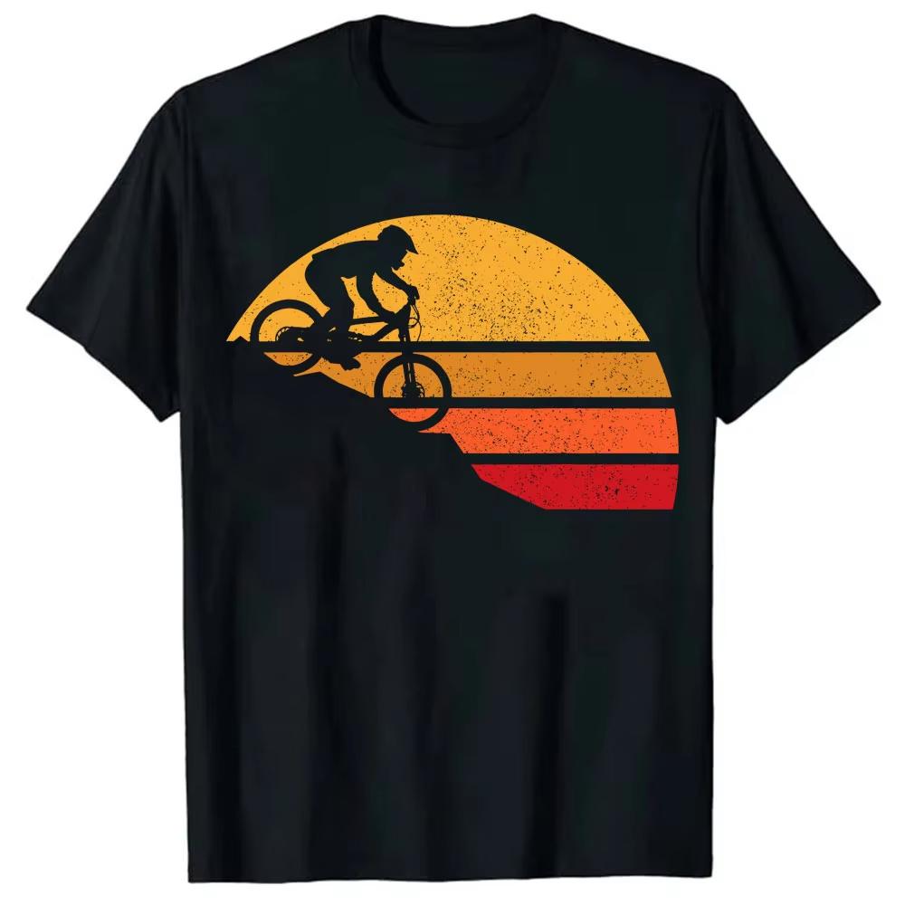 Retro Sunset Mountain Bike Print Tshirt Unisex Cycling Short Sleeve Trendy Pure Cotton Loose Casual Streetwear Top