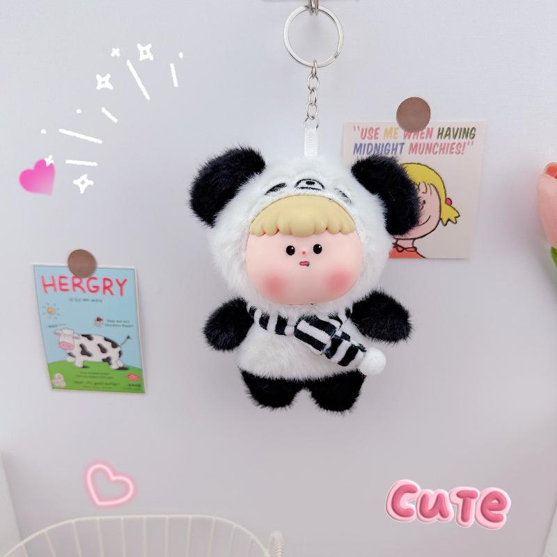 Cute Animal Vinyl Face Plush Toy Fluffy Pig Elephant Unicorn Collection Model Toy Kawaii Panda Keychain Pendant Hang Bag Plushie