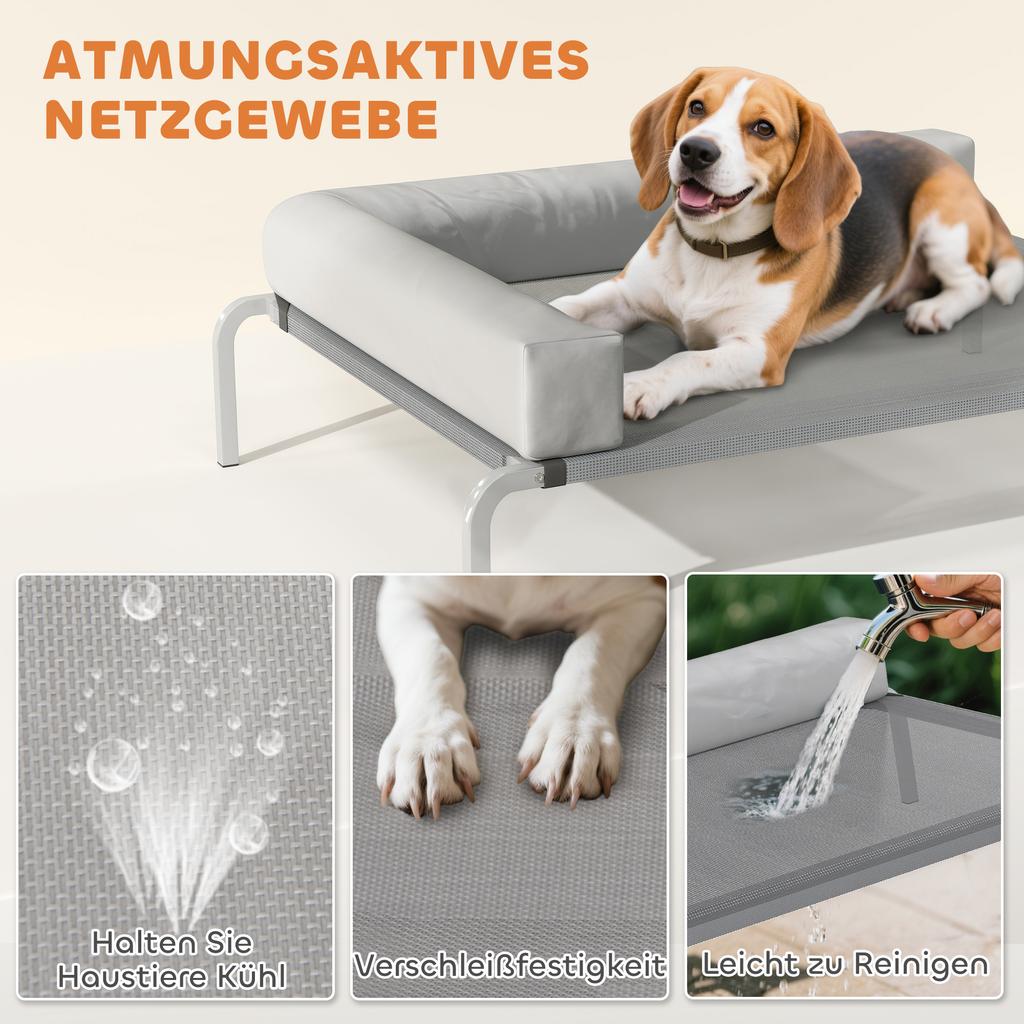 Hundebett für draußen, Erhöhtes Hundebett für mittelgroße Hunde, mit L-förmigem Kissen 110x75x30cm, Hellgrau