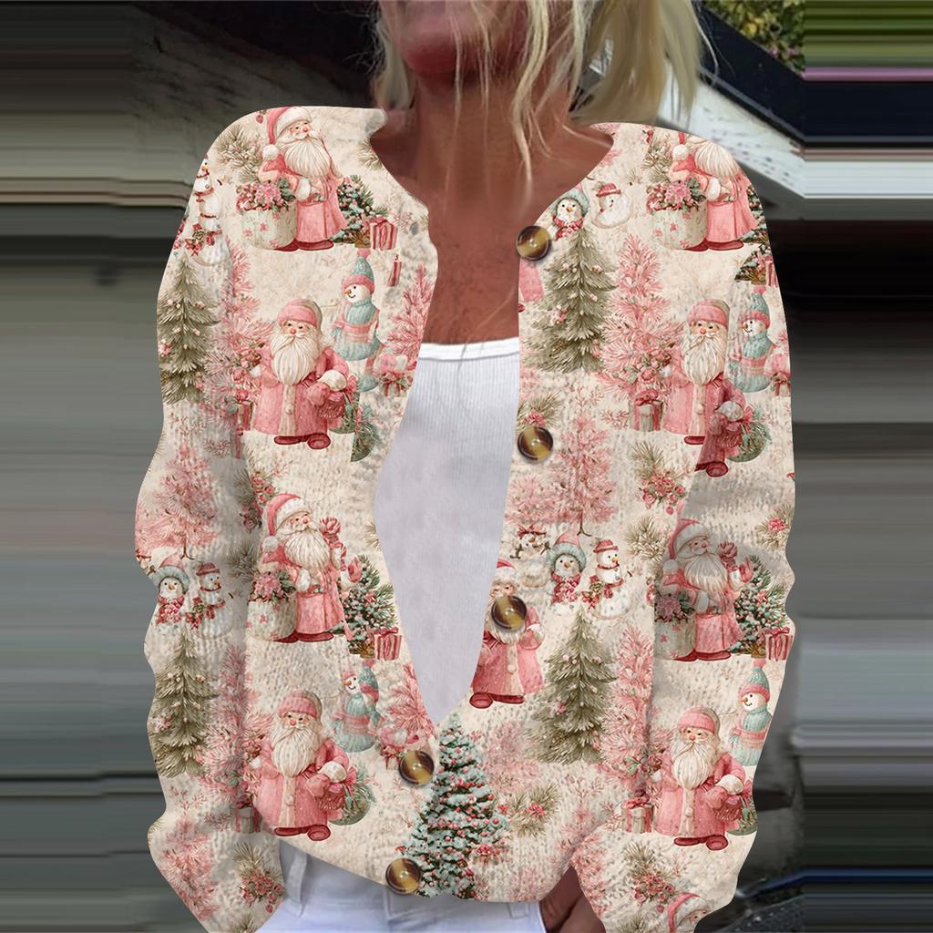 Damenmode, weihnachtlich bedruckt, langärmelig, Strickjacke, Button-Down-Jacke