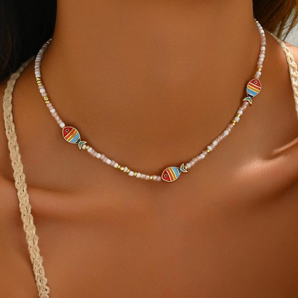 Bohemian Seed Bead Necklace with Enamel Fish - Vacation Style for Women
