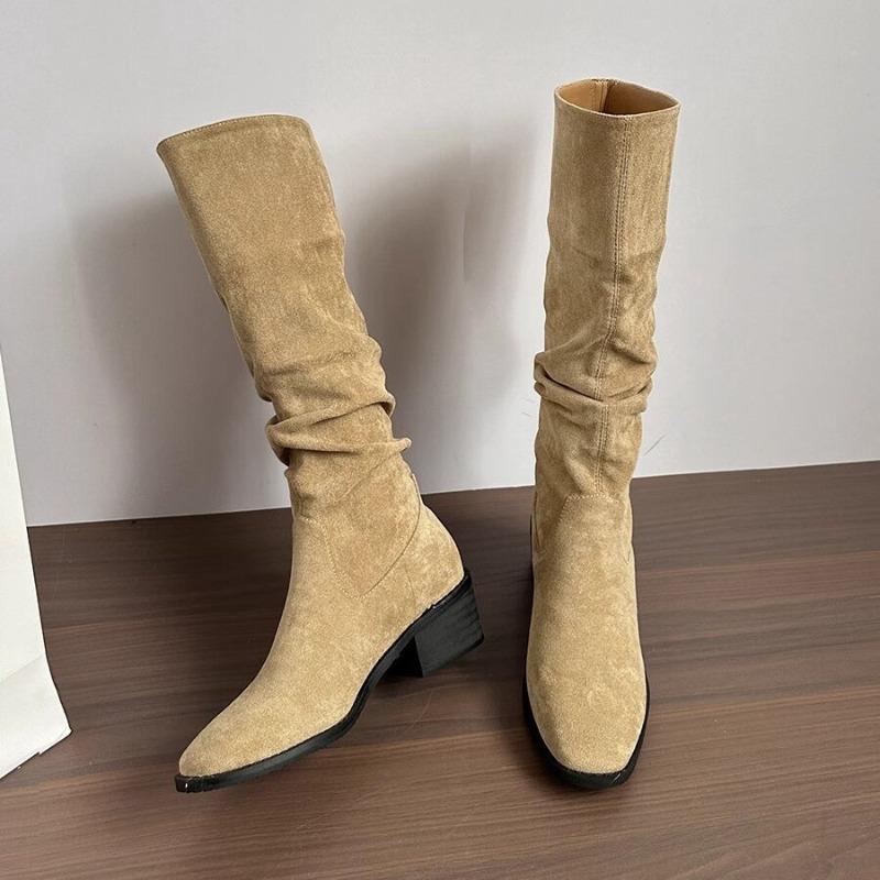 Neue Damen Herbst- und Winterschuhe mit dickem Absatz, High-Top Retro Schlankmachende Plissierte Stiefel