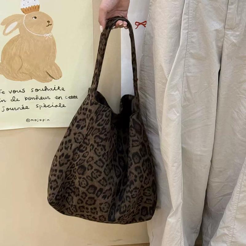 Women's Fashion Shoulder Bag Suede Leopard Pattern Large Capacity Magnetic Clasp Handbags Lightweight Shopper Totes