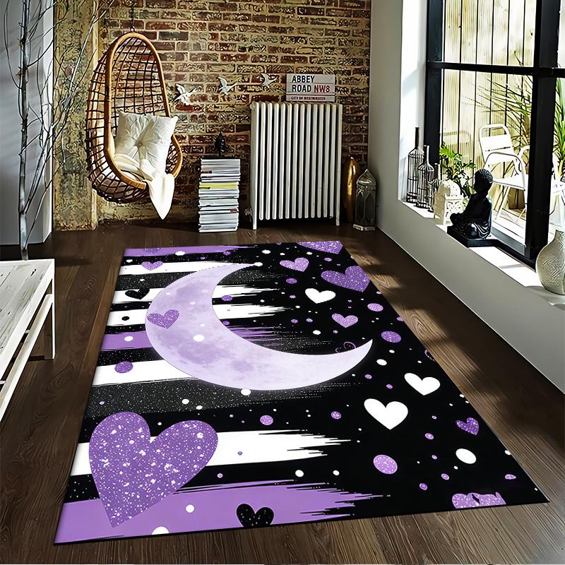 Purple Moon and Heart Pattern Carpet with Black and White Stripes Suitable for Use As an Anti-slip for Living Room Bedroom Sofas