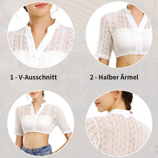 Women Lace Short Shirt Stand Collar Button Front Vintage Style Tops See-through Lace Oktoberfest