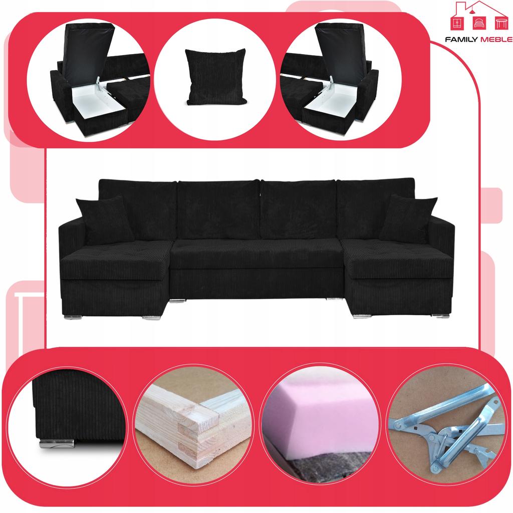 Bonito BIG Corner Sofa Bed Family Meble Corduroy Black