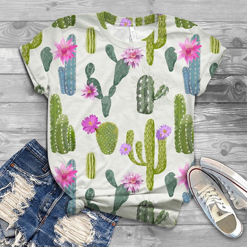 Damen Sommer Europäisch und Amerikanisch Neu 3D Freizeit Kunst Design Blumen Bedrucktes T-Shirt