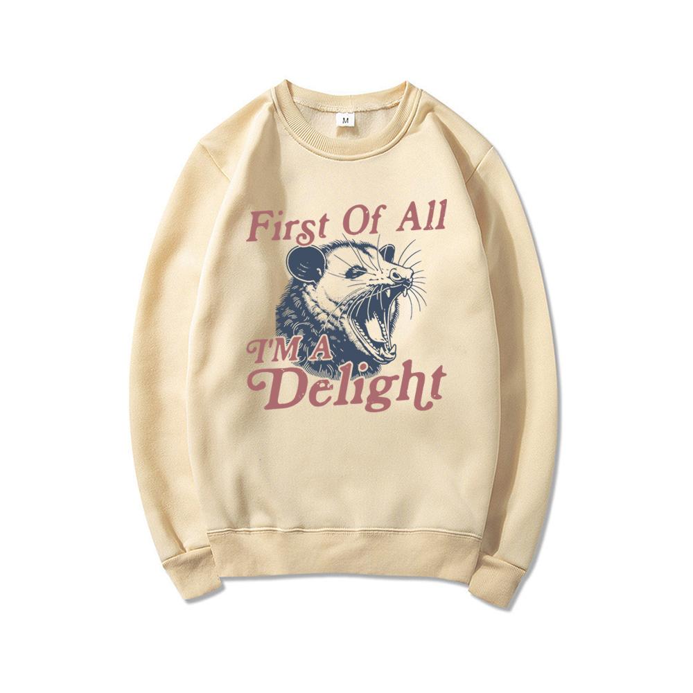 First Of All I'm A Delight Sweatshirt Funny Opossum Sweatshirt Angry Opossum Hoodie Opossum Lover Gifts Funny Sarcastic Sweater