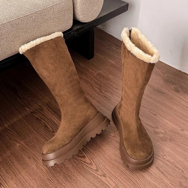 2025 Neue Baumwollstiefel Winter Runde Spitze Fleece Warm Plateau Reißverschluss Hinten Anti-Rutsch Absatz Stiefel