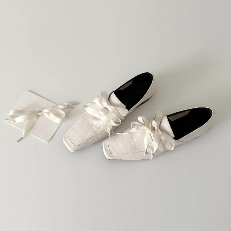Cowhide version~ square head lace-up white women's pedal bow ballet style single shoes low heel small leather shoes