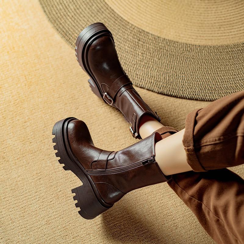 Womens Leather Ankle Boots Chunky Heel Platform Round Toe Biker Fall Winter