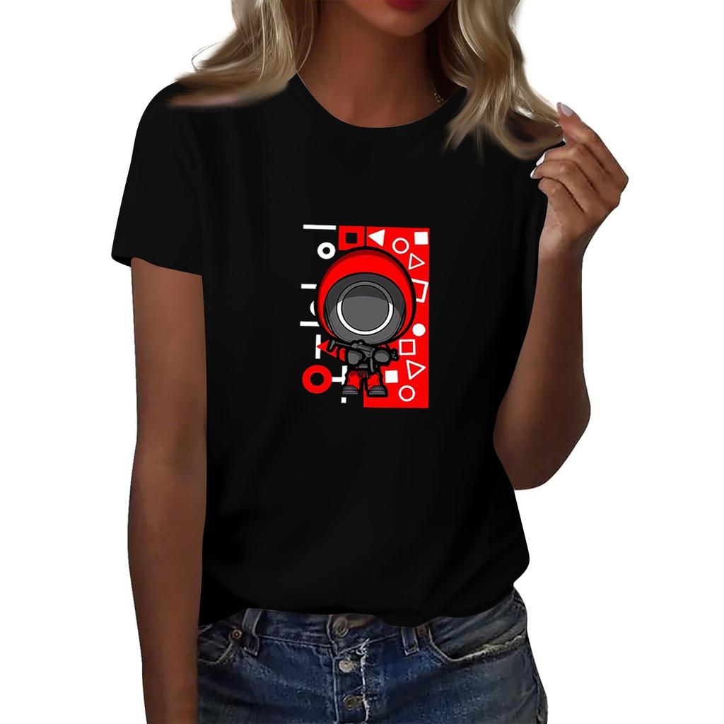 Damen Rundhals Bedrucktes Kurzarm T-Shirt Top