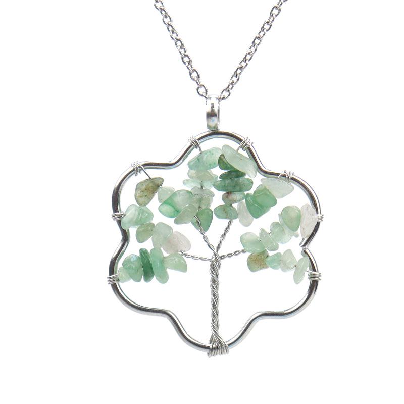 Silver Wire-Wrapped Flower Tree of Life Crystal Pendant Necklace N72