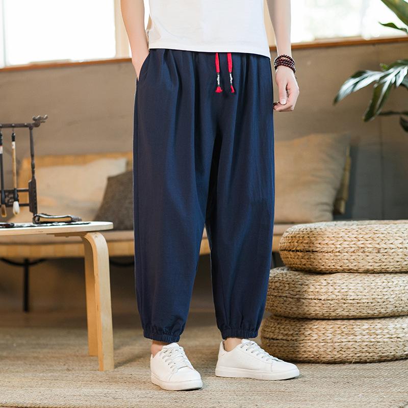2023 Summer Japanese Plus Size Men's Cotton Linen Joggers Loose Casual Nine-Point Pants