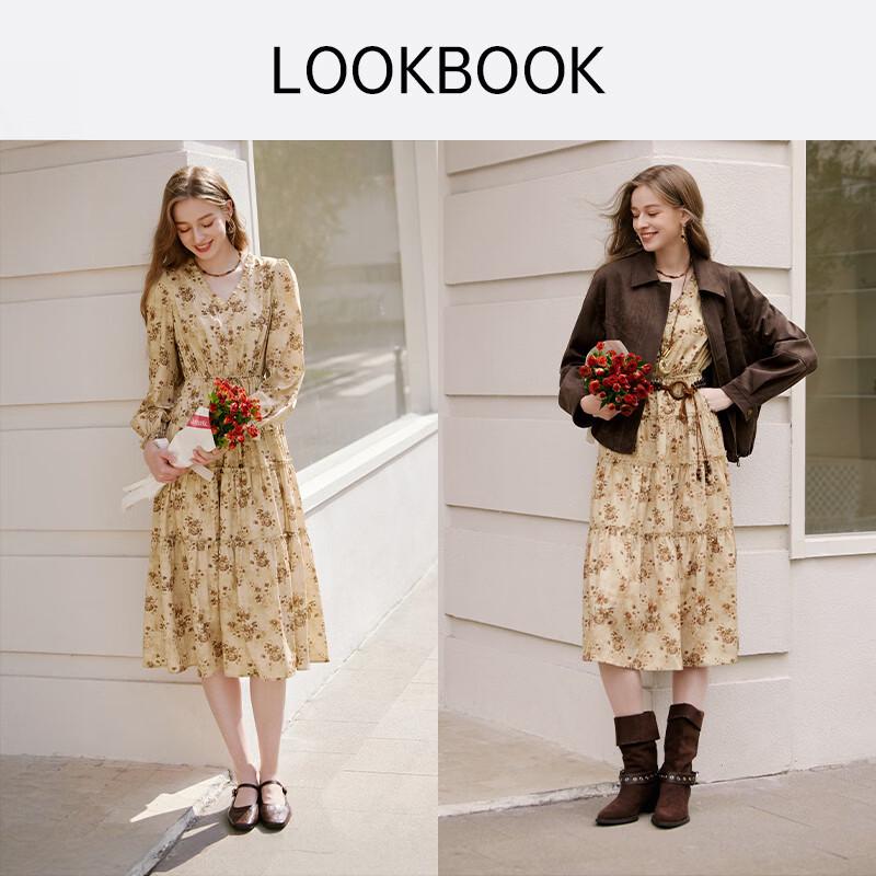 Xiangying French V-Neck Floral Puff Sleeve Dress