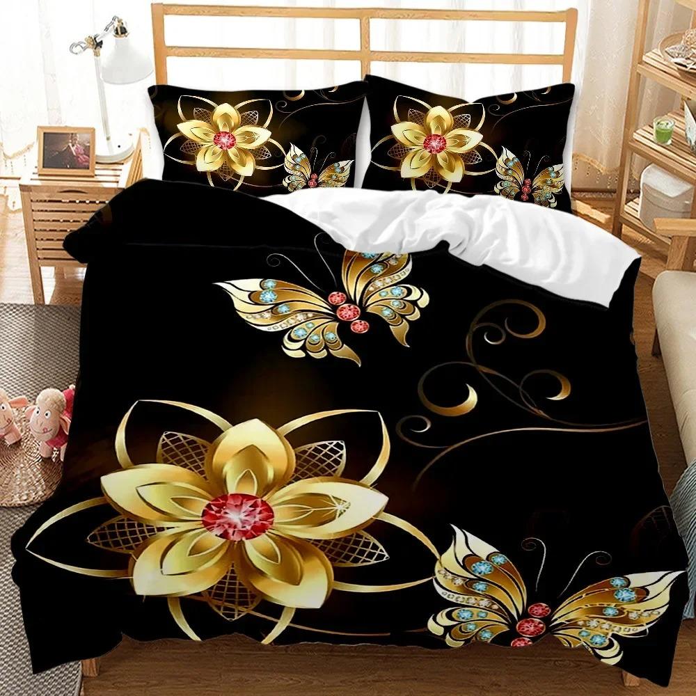 Golden Butterfly Påslakanset KingQueen Storlek, Vackert Blått Fjäril Sängkläder Set Kvinnor Insekt Polyester Täcke Överdrag
