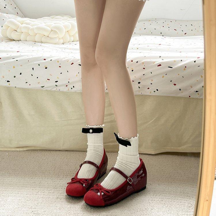 Rote Schuhe Damen Innenhöhenerhöhung Mary Jane Damenschuhe High Heels Ein-Knopf Schleife Ballerinas