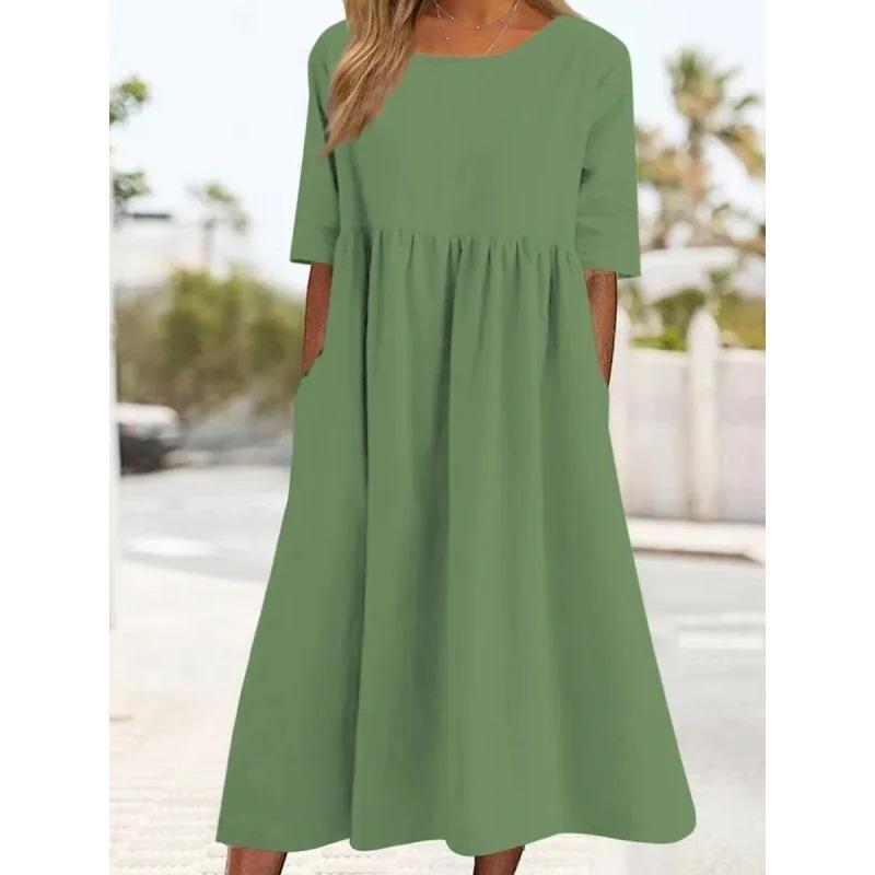 2025 Kurzarm Lockerer O-Ausschnitt Sommer Plissee Kleid Damen A-Linie Partykleider Mode Damenkleid Elegant Schlicht Einfarbig Kleidung