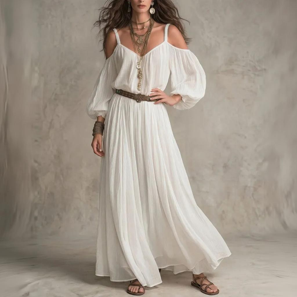 Γυναικείο Χρωματιστό Μακρύ Φόρεμα Off-Shoulder με Πτυχώσεις και Ριλάξ για Διακοπές