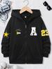 Kids Zip Up Hoodie Big Letter A Star Puzzle Number 23 Graphic Print Long Sleeve Hooded Jacket Boys Street Casual Outerwear