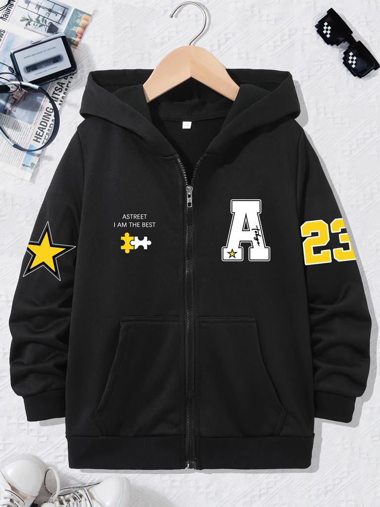 Kids Zip Up Hoodie Big Letter A Star Puzzle Number 23 Graphic Print Long Sleeve Hooded Jacket Boys Street Casual Outerwear